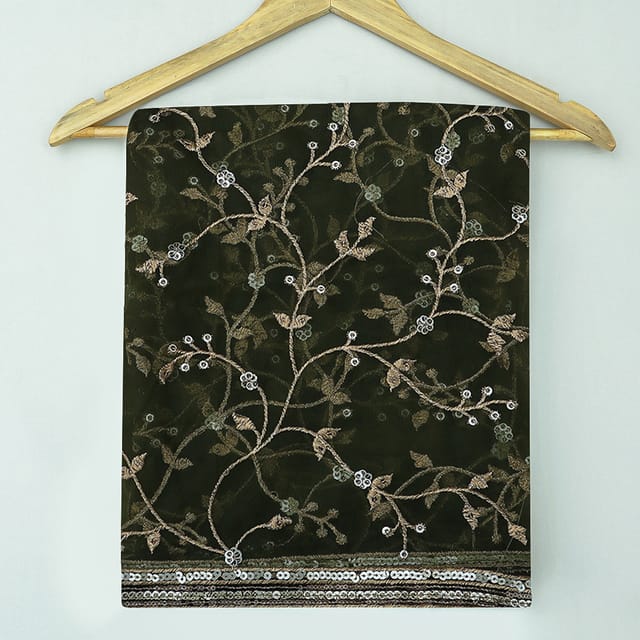 Olive Green Sequins Embroidery Unfinished net Dupatta