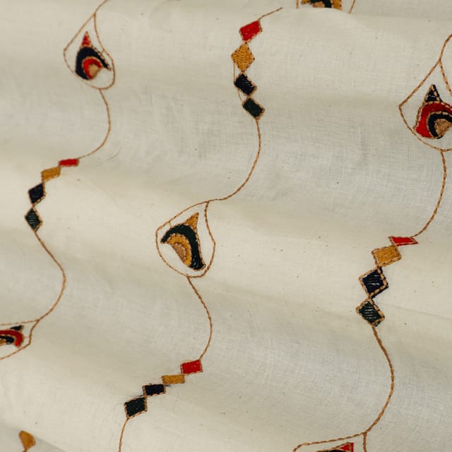 Ivory White Embroidery Kora Cotton Fabric