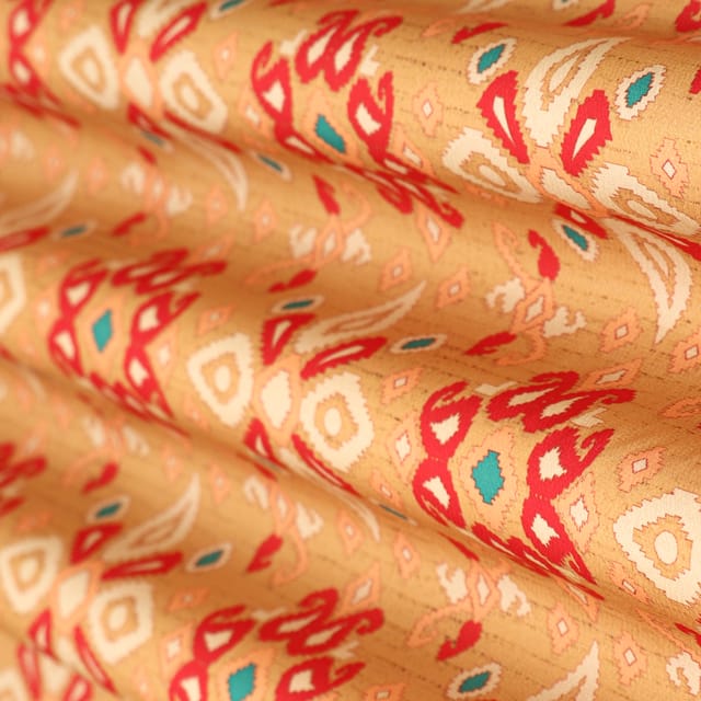 Beige and Red Motif Print Satin Dobby Fabric