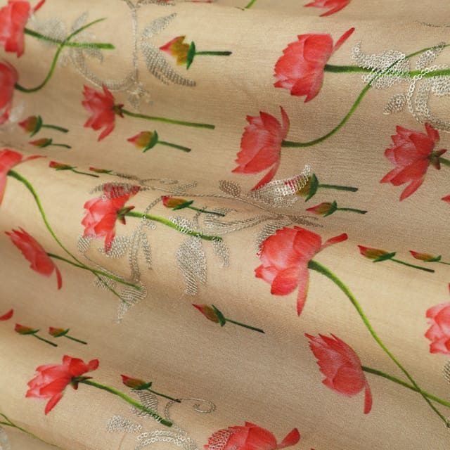 Peach Floral Print Embroidered Chinon Chiffon Fabric
