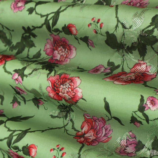 Mint Green Floral Print Embroidered Chinon Chiffon Fabric