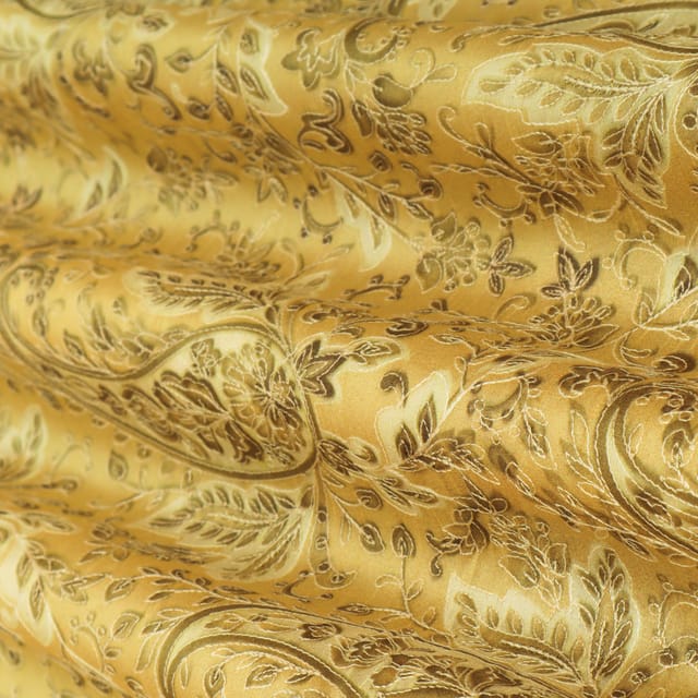 Lemon Yellow Position Print Embroidery Dupion Silk Fabric