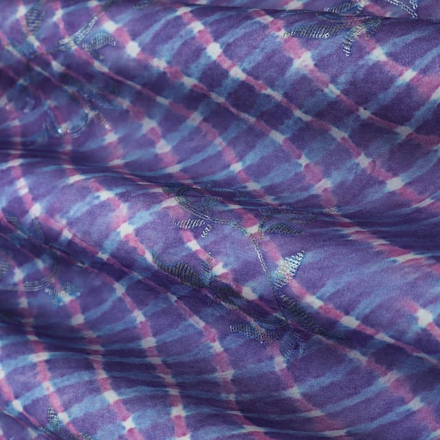 Indigo Purple Position Print Embroidery Dupion Silk Fabric