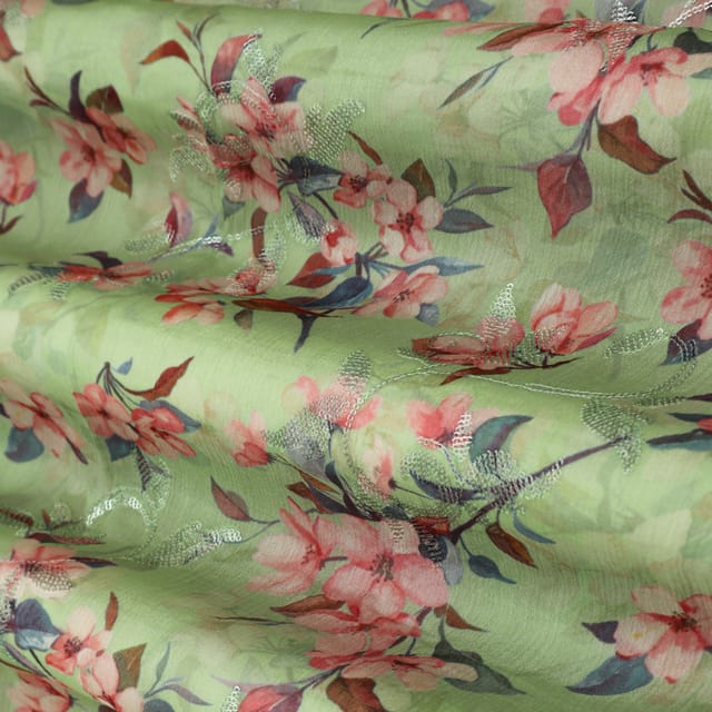 Mint Green Position Print Embroidery Dupion Silk Fabric