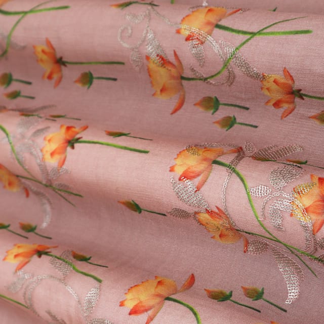 Peach Position Print Embroidery Dupion Silk Fabric