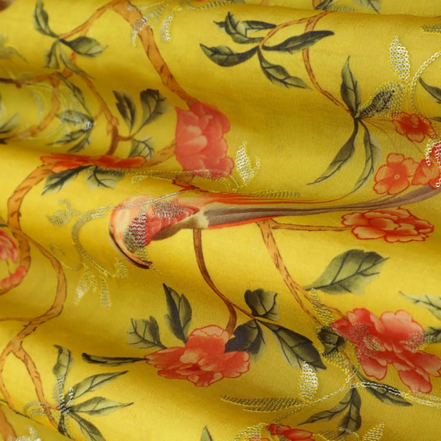 Canary Yellow Position Print Embroidery Dupion Silk Fabric