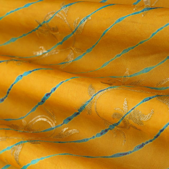 Mustard Yellow Position Print Embroidery Dupion Silk Fabric