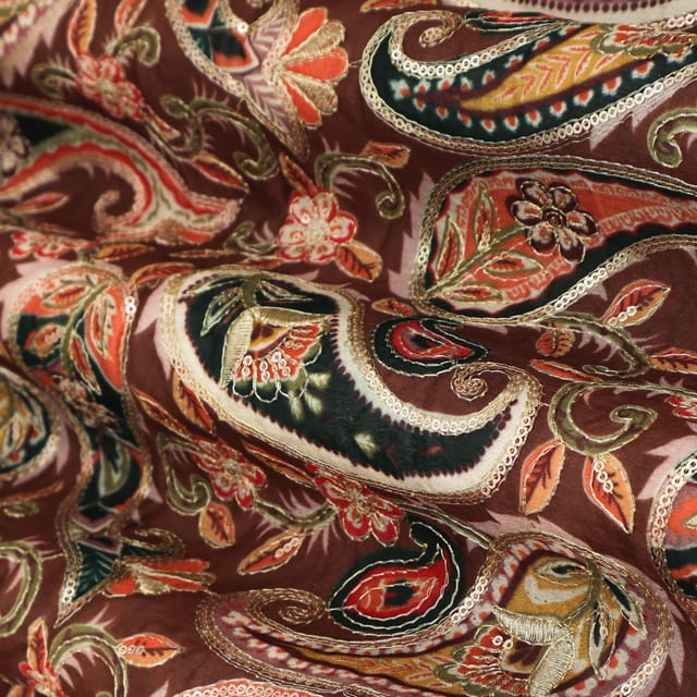 Coffee Brown Position Print Embroidery Dupion Silk Fabric