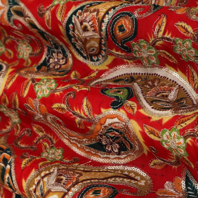 Scarlet Red Position Print Embroidery Dupion Silk Fabric