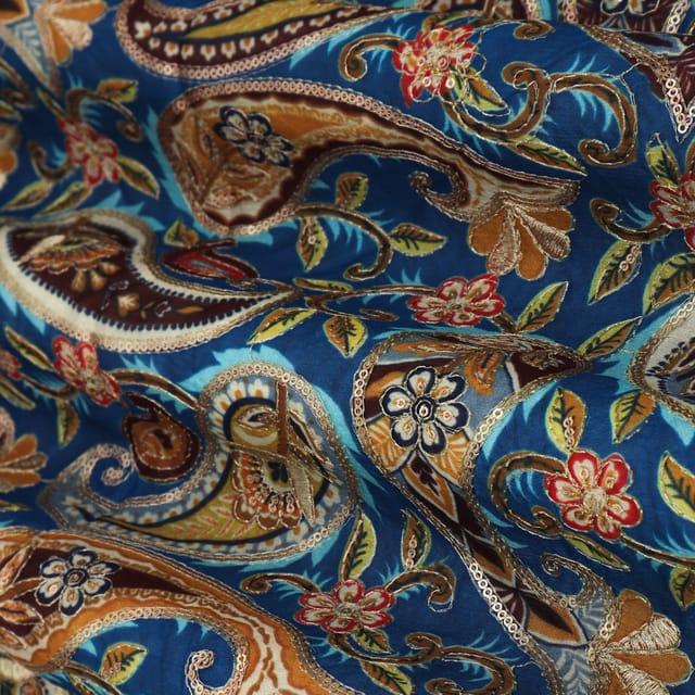 Sapphire Blue Position Print Embroidery Dupion Silk Fabric