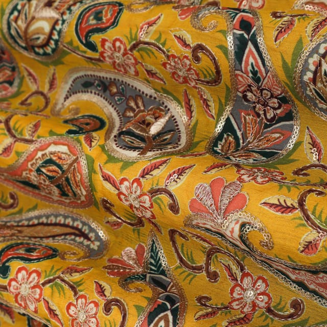 Lemon Yellow Position Print Embroidery Dupion Silk Fabric
