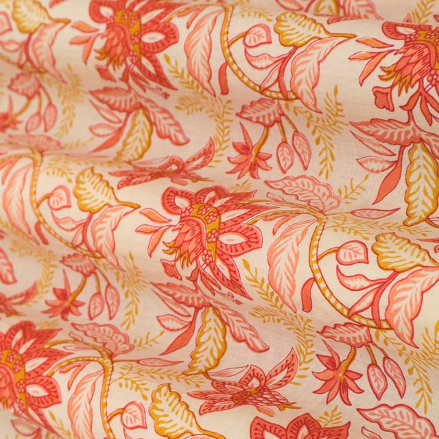 Snow White and Orange Motif Print cambric Cotton Fabric