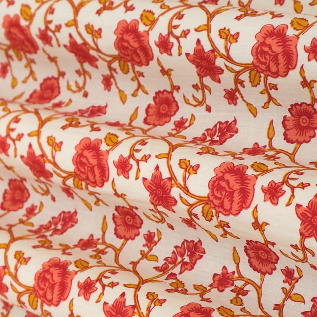 Snow White and Orange Motif Print cambric Cotton Fabric