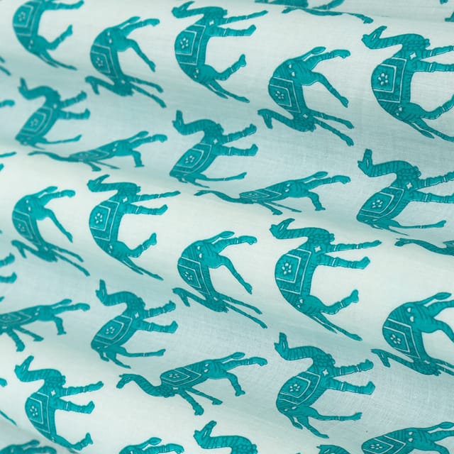 Teal Blue and White Motif Print cambric Cotton Fabric
