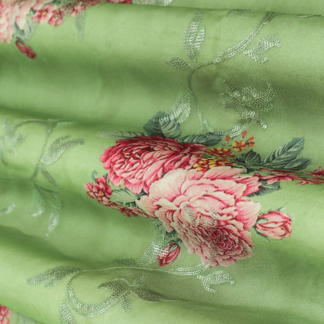 Mint Green Floral Print Embroidered Chinon Chiffon Fabric