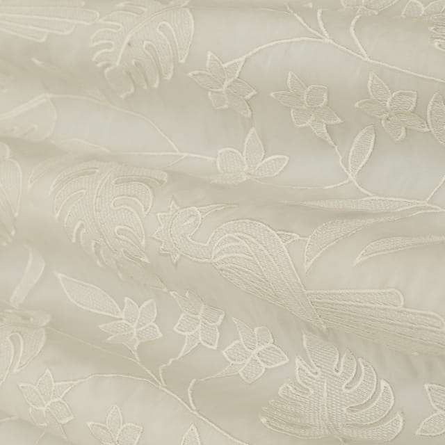 Pristine White with Floral Embroidery Organza Fabric