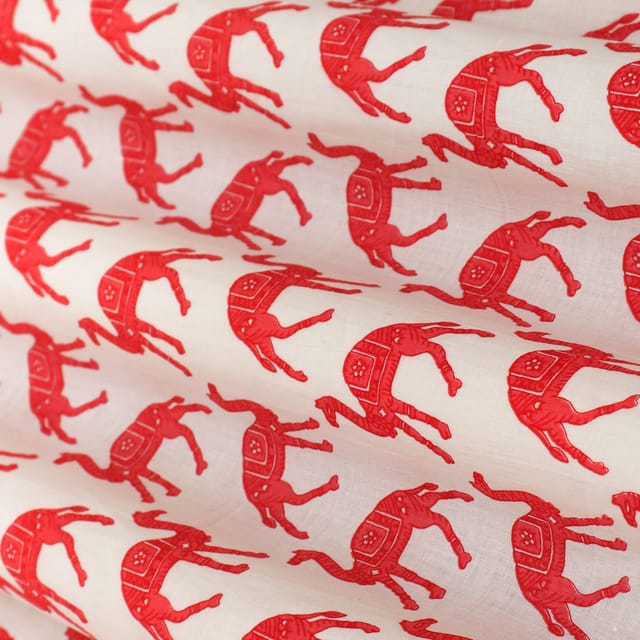 Crimson Red and White Motif Print Cambric Cotton Fabric