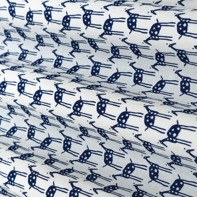 Navy Blue and White Motif Print Cambric Cotton Fabric