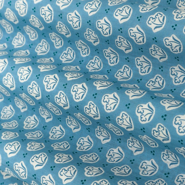 Powder Blue and White Motif Print Cotton Fabric