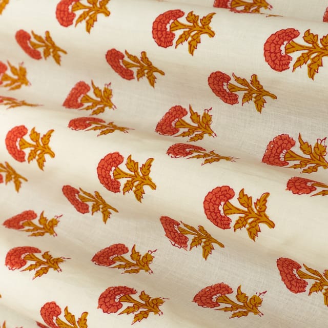 Scarlet Red and White Motif Print Cambric Cotton Fabric