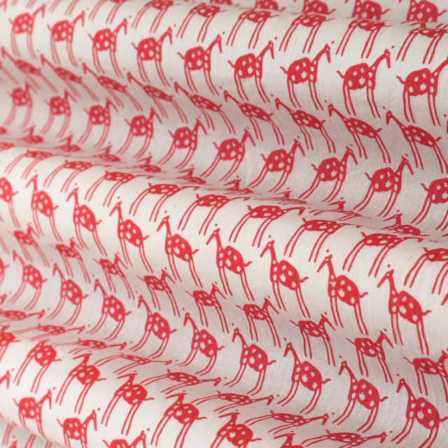 Crimson Red and White Motif Print Cambric Cotton Fabric