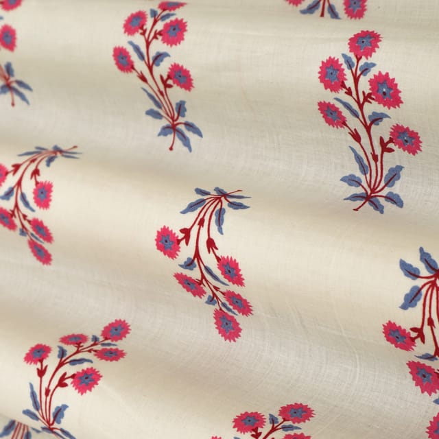 Magenta Pink and White Floral Print Cambric Cotton Fabric