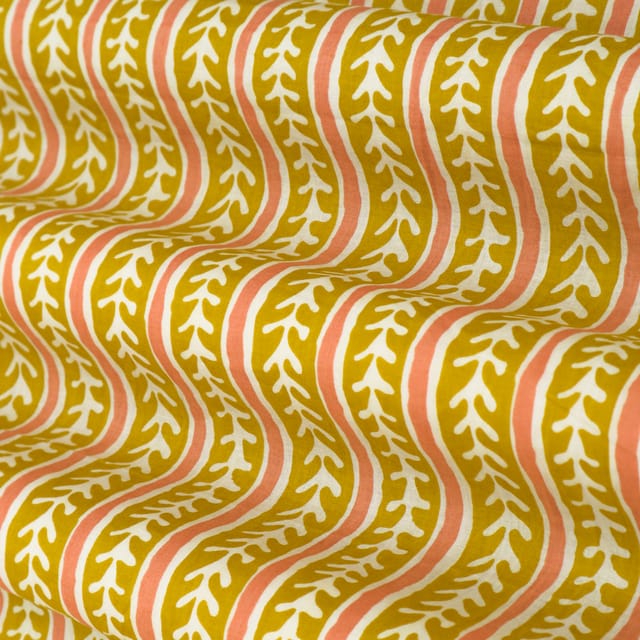 Mustard Yellow and White Motif Print Cambric Cotton Fabric