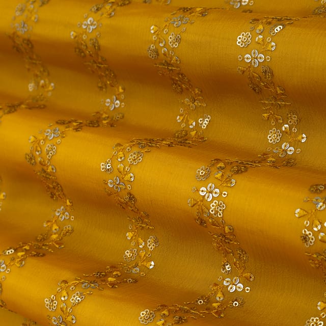 Mustard Yellow Sequins Embroidered Chinon Fabric