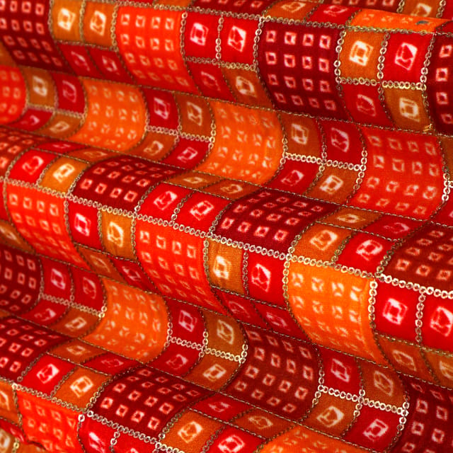 Maroon Red and Orange Position Print Embroidery Velvet Fabric