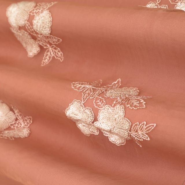Blush Cream with Floral Embroidery Pure Organza Fabric