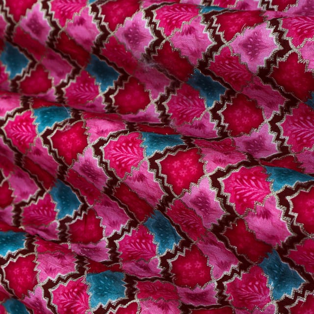 Fuschia Pink Position Print Embroidery Dola Silk Fabric