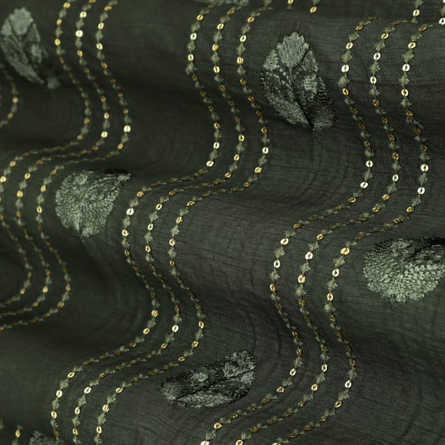 Midnight Green Threadwork Embroidery Nokia Silk Fabric