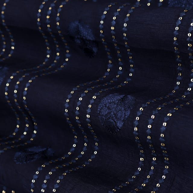 Navy Blue Threadwork Embroidery Nokia Silk Fabric
