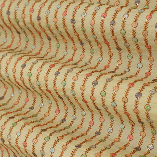Lemon Yellow Threadwork Embroidery Dola Silk Fabric