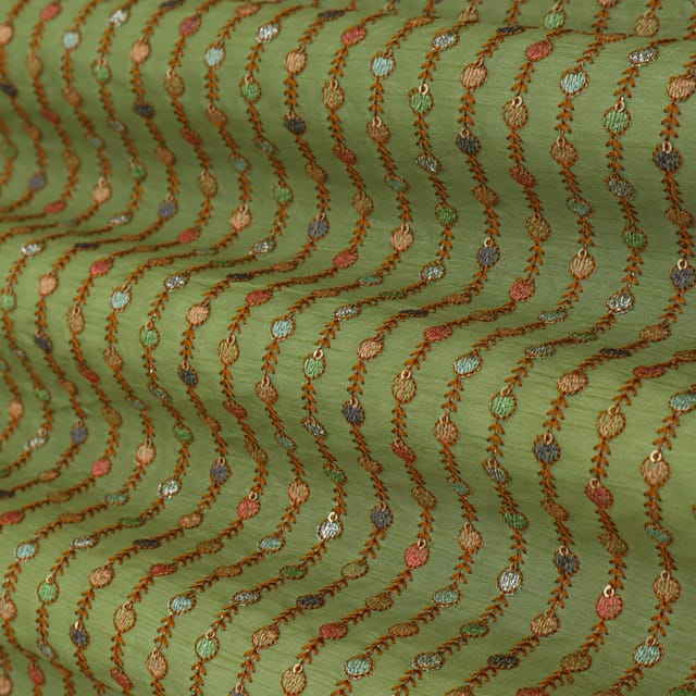 Pista Green Threadwork Embroidery Dola Silk Fabric