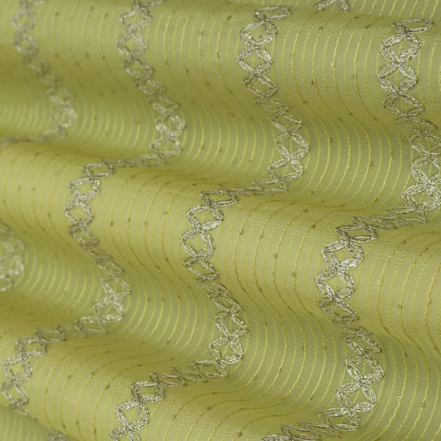 Lemon Yellow and Silver Gota Embroidery Chinon Fabric