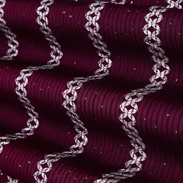 Wine Purple and Silver Gota Embroidery Chinon Fabric