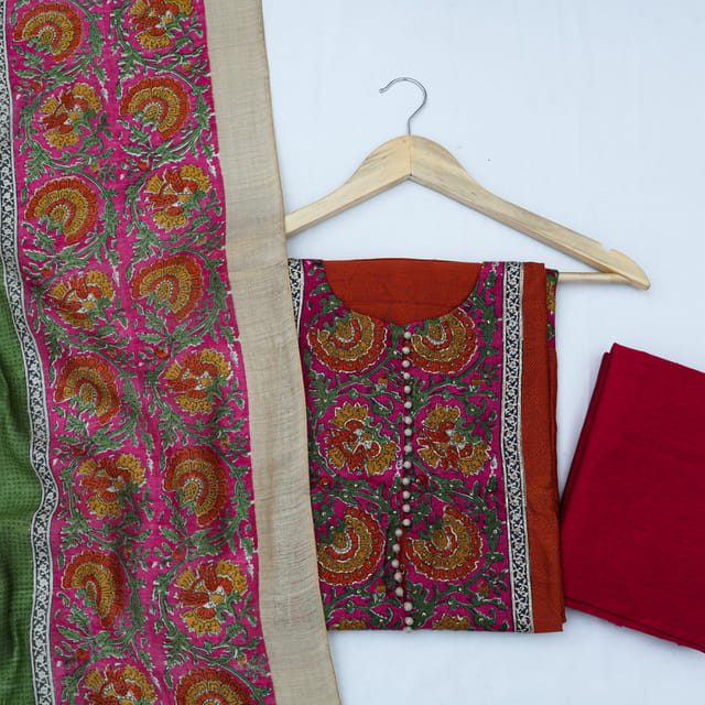 Brick Red Semi Stitched Tussar Silk Suit Set