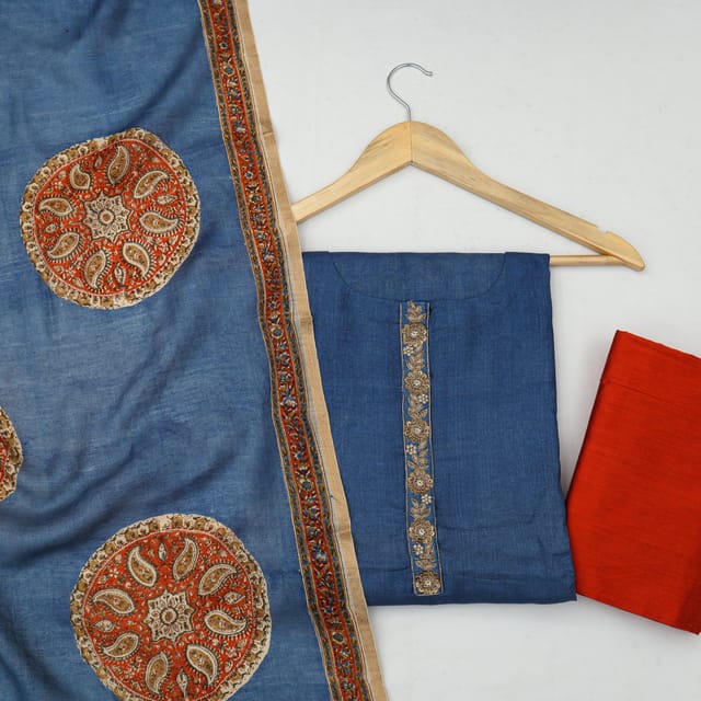 Sky Blue Semi Stitched Tussar Silk Suit Set