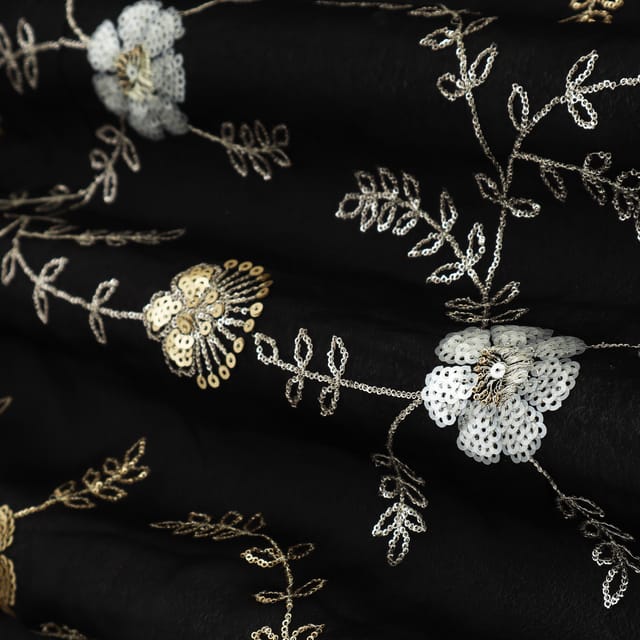 Jet Black Embroidery Chinon Fabric