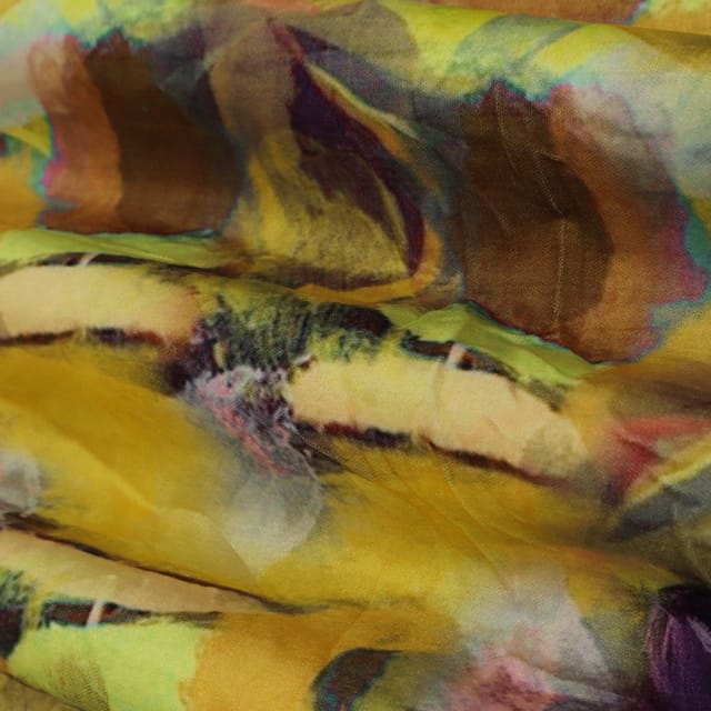 Canary Yellow and Multicoloured Abstract Print Velvet Fabric