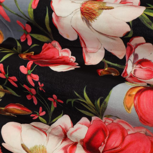 Grey and Multicoloured Floral Print Velvet Fabric
