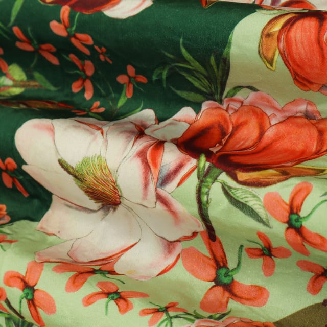 Mint Green and Multicoloured Floral Print Velvet Fabric
