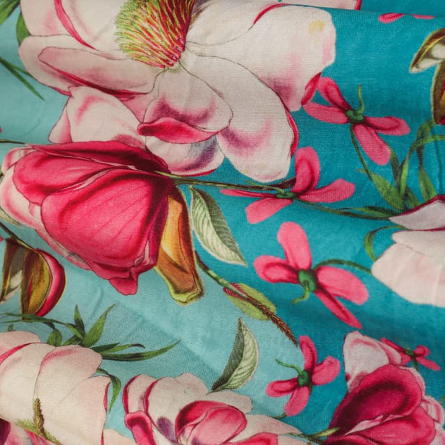 Baby Pink and Multicoloured Floral Print Velvet Fabric