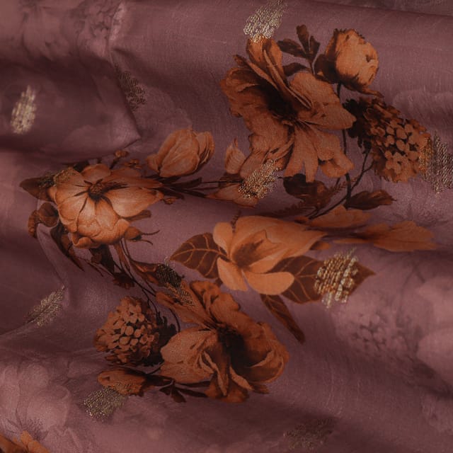 Mauve Purple Floral Print Tussar Silk Fabric