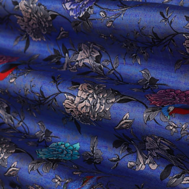 Sapphire Blue Floral Print Tussar Silk Fabric