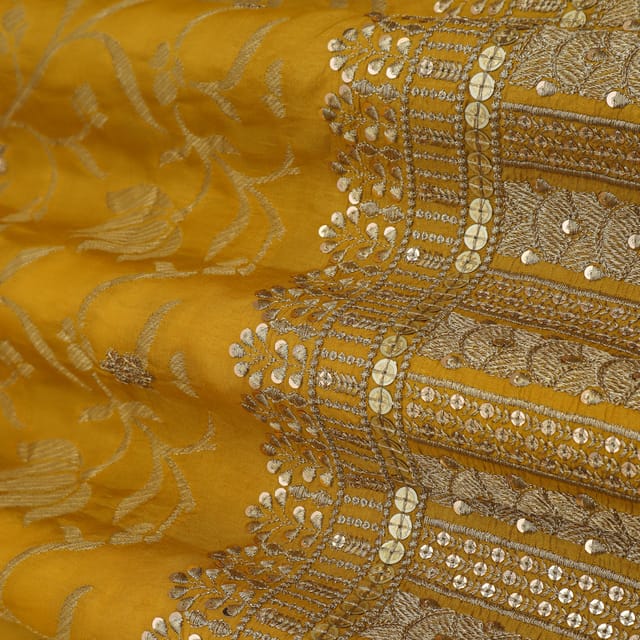 Canary Yellow Jacquard Weave Border Embroidery Dola Silk Fabric