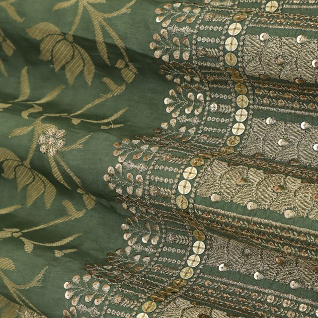 Sea Green Jacquard Weave Border Embroidery Dola Silk Fabric