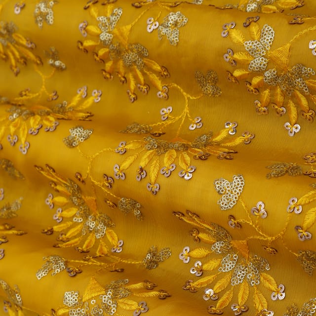 Mustard Yellow Embroidery Chinon Fabric