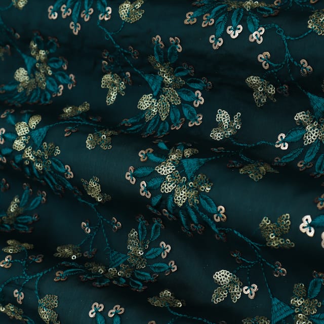 Teal Blue Embroidery Chinon Fabric